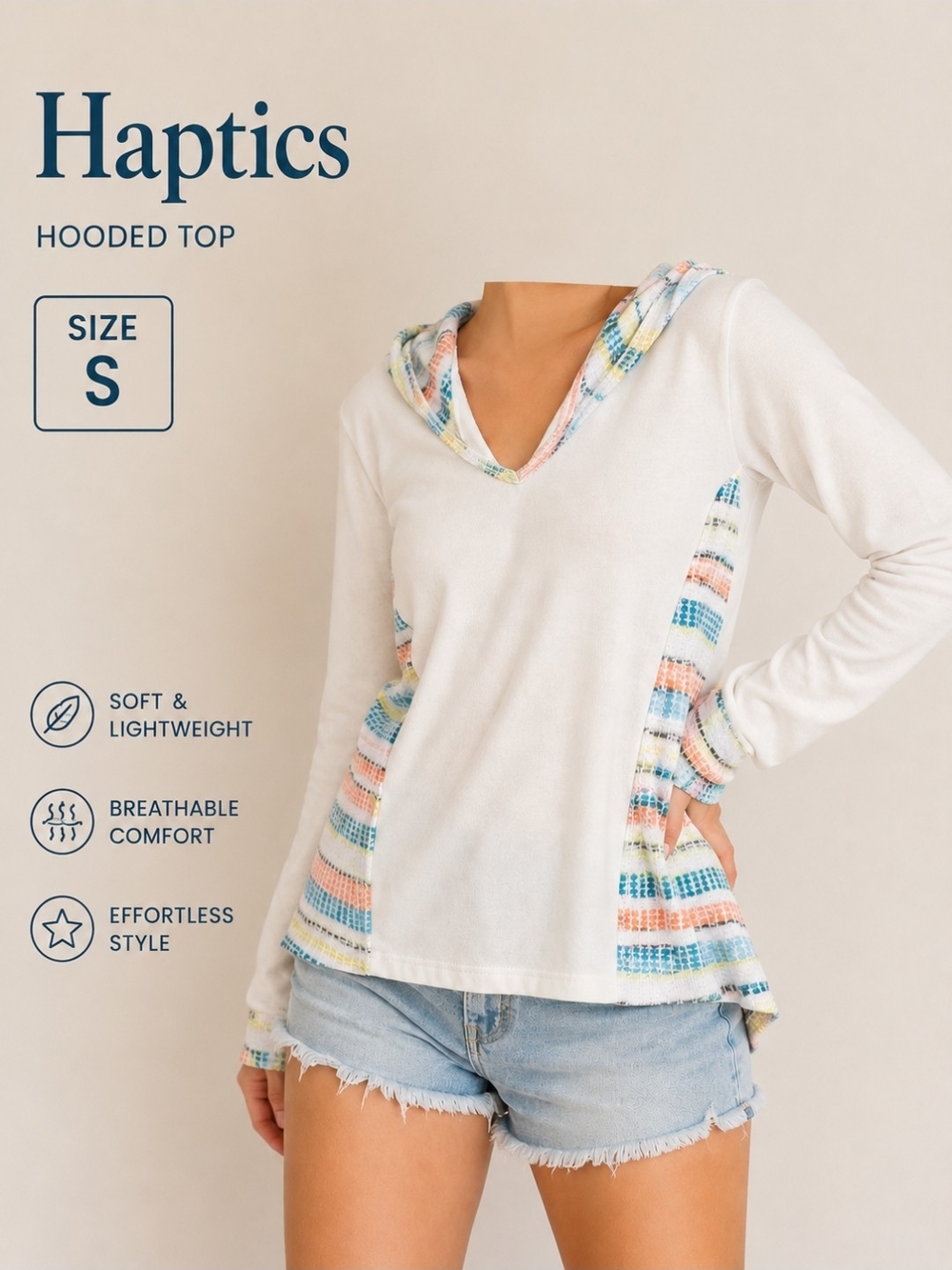 Haptics White Hooded Top with Multicolor Stripe Accents